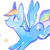 A digital drawing of Rainbow Dash smiling and looking upward while flying through the air